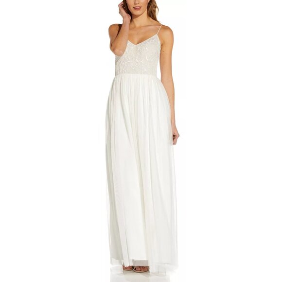 NWT Adrianna Papell Fully Beaded Bodice Tulle Skirt Full Length Gown in White - Picture 4 of 5